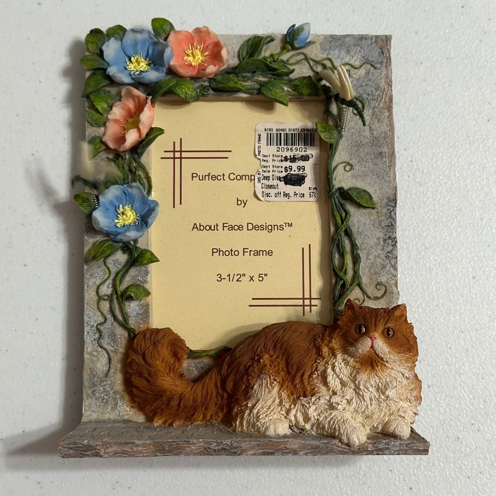 About Face Designs Purfect Companions Persian Cat Floral Photo Frame 3.5x5 VTG